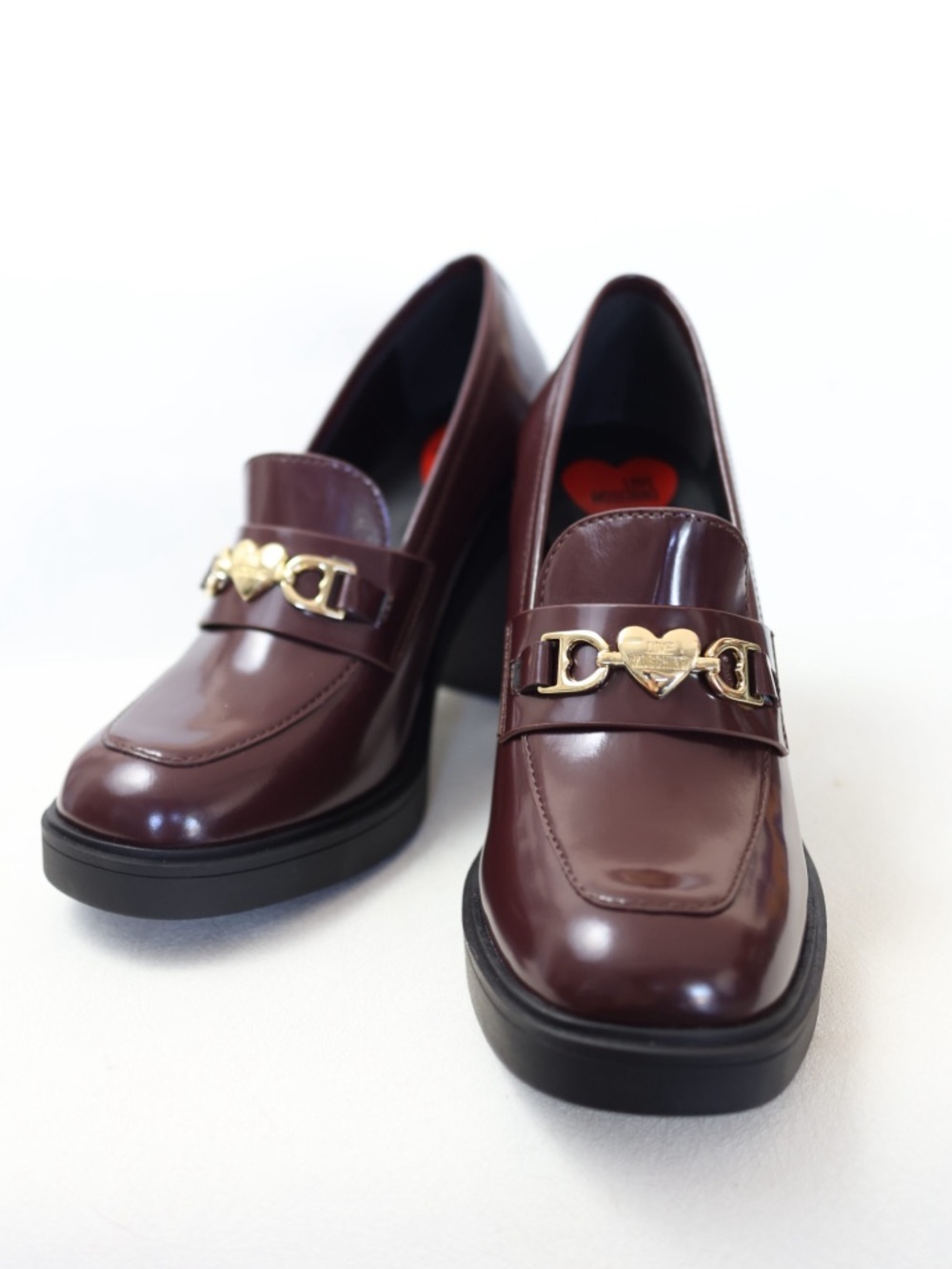 Love Moschino Burgundy Gold Heart Leather Loafer Pumps NWOT 8-8.5 Dark Academia